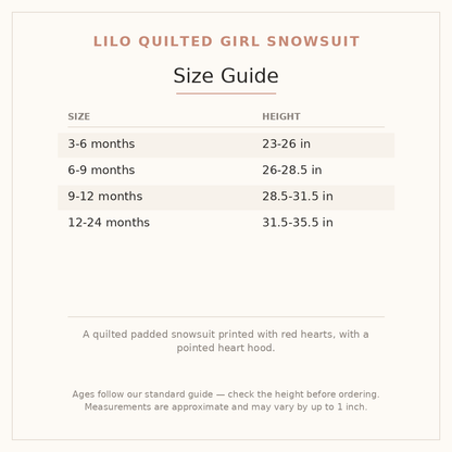 Lilo Quilted Girl Snowsuit size guide - age and height