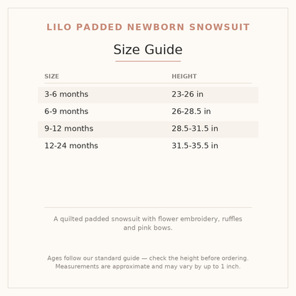 Lilo Padded Newborn Snowsuit size guide - age and height