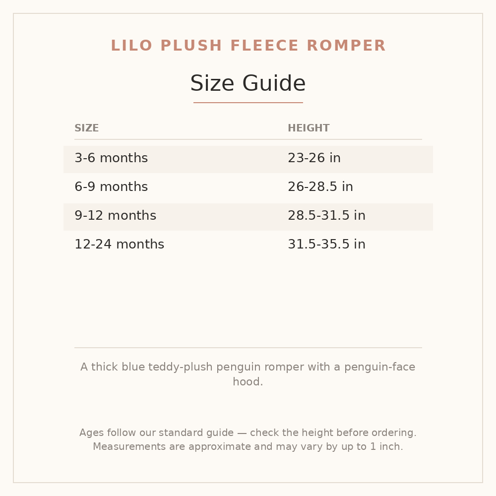 Lilo Plush Fleece Romper size guide - age and height