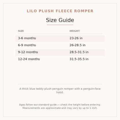 Lilo Plush Fleece Romper size guide - age and height