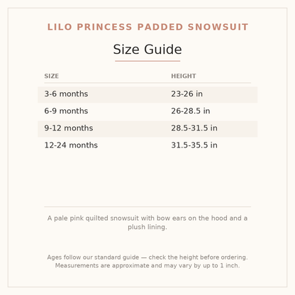 Lilo Princess Padded Snowsuit size guide - age and height