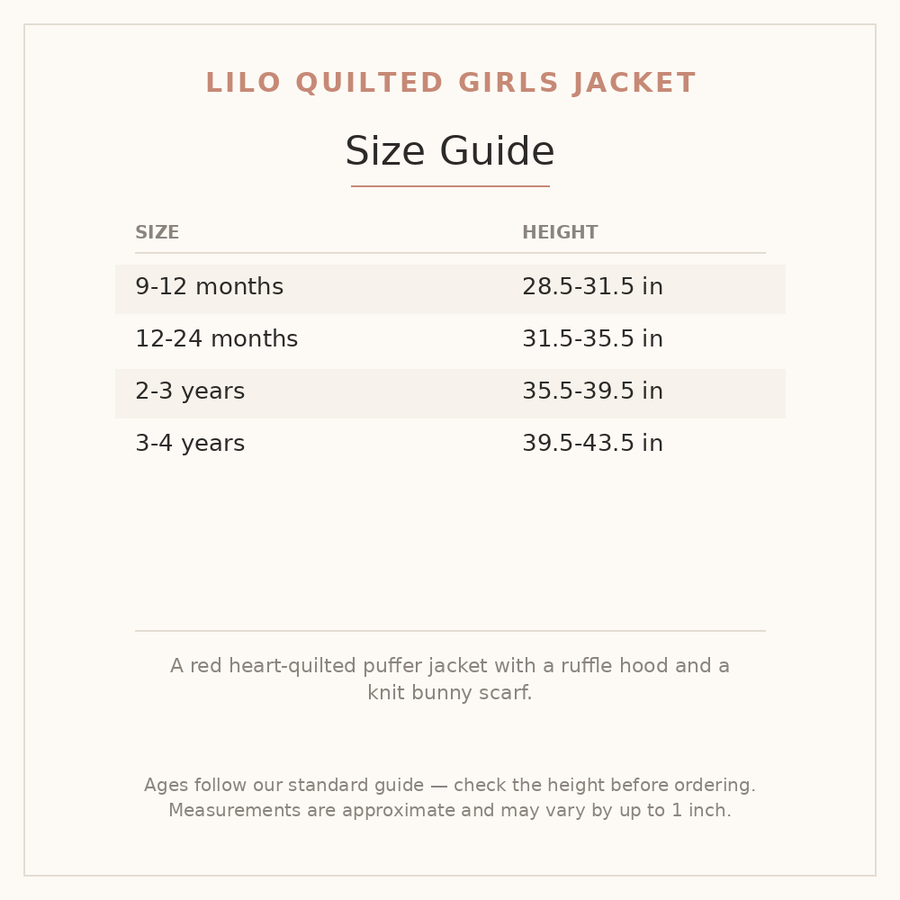 Lilo Quilted Girls Jacket size guide - age and height