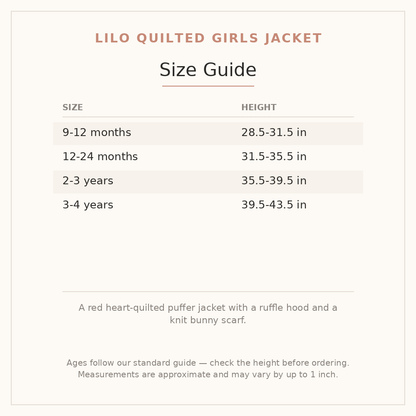 Lilo Quilted Girls Jacket size guide - age and height