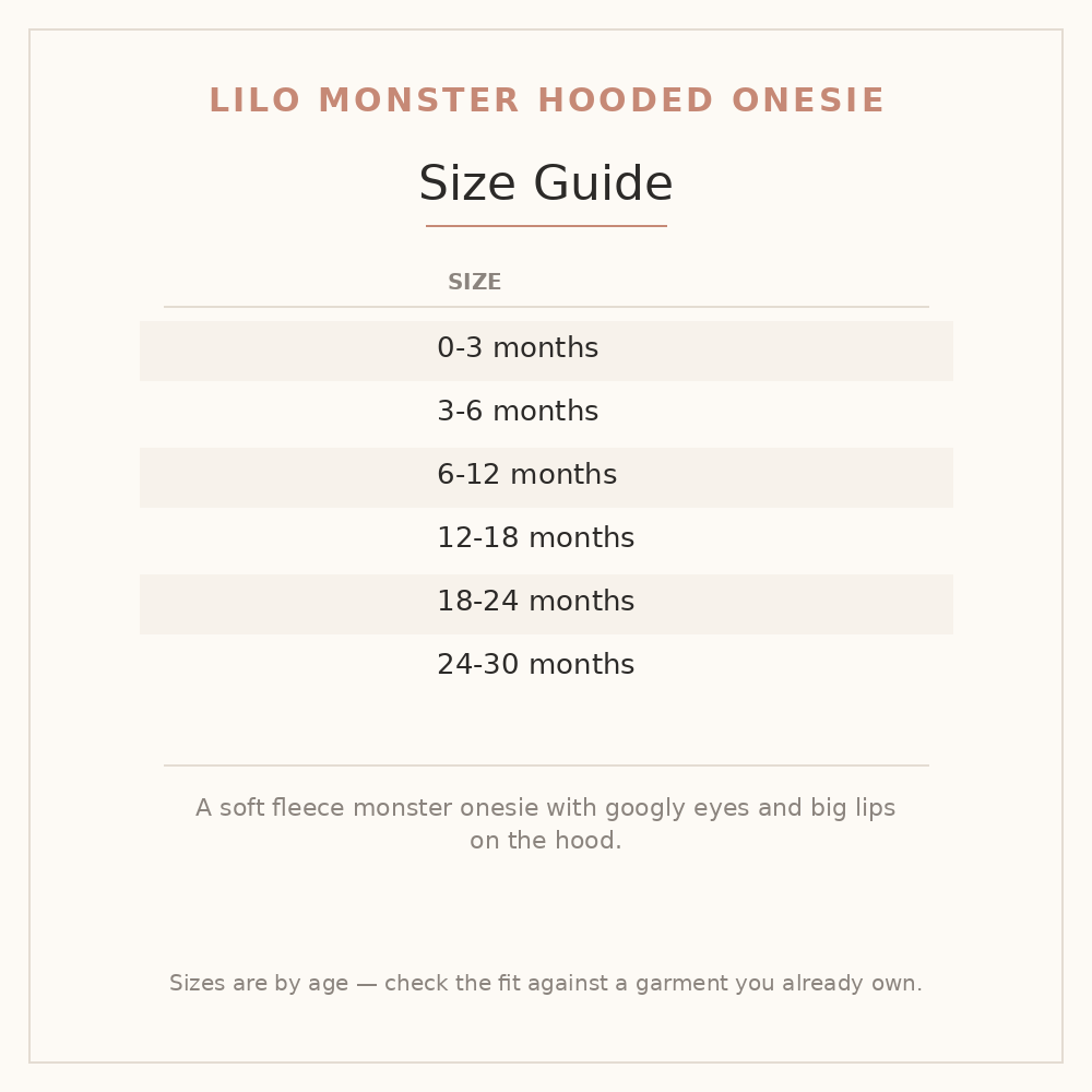 Lilo Monster Hooded Onesie size guide - age and height