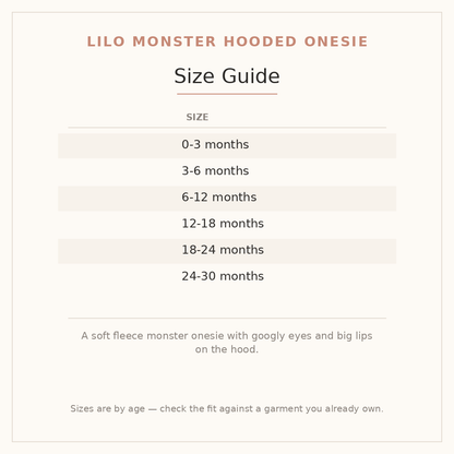 Lilo Monster Hooded Onesie size guide - age and height