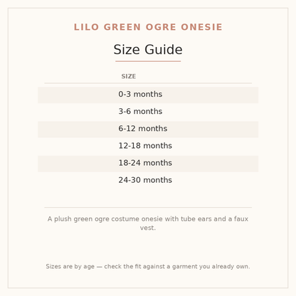 Lilo Green Ogre Onesie size guide - age and height