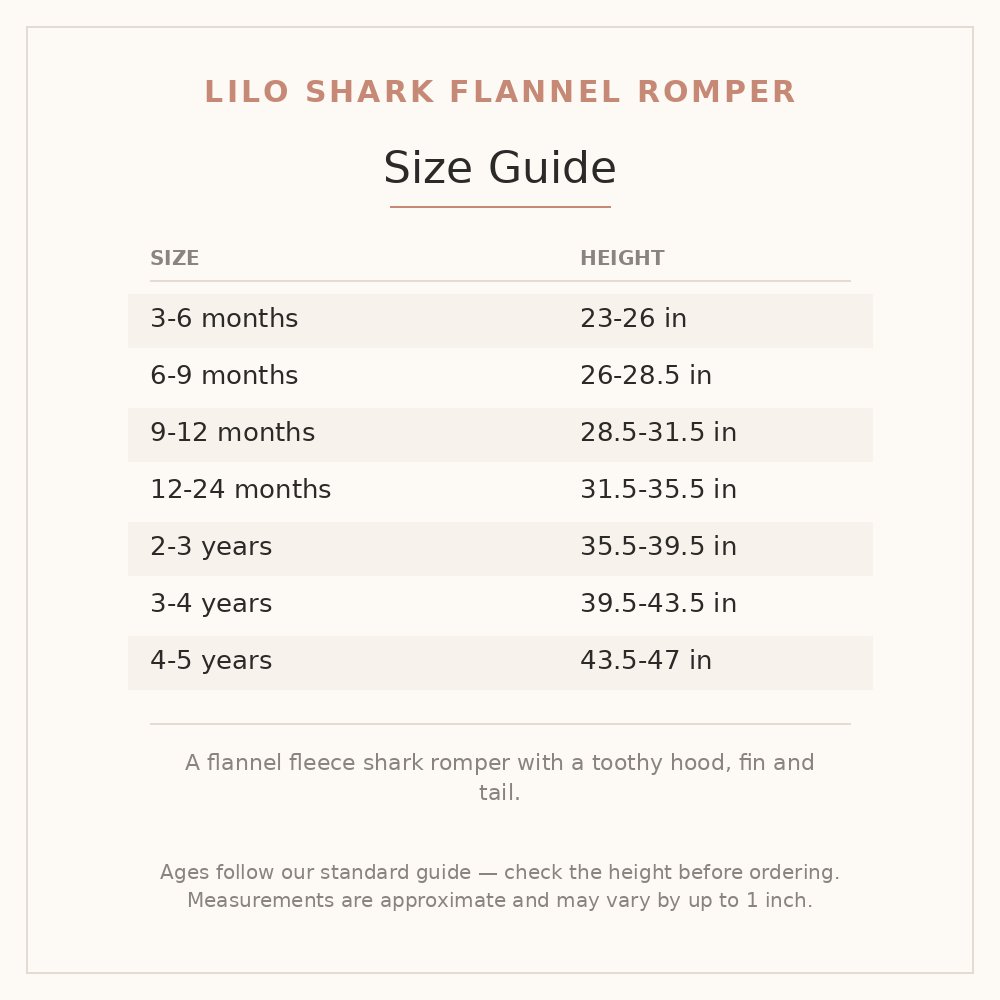 Lilo Shark Flannel Romper size guide - age and height