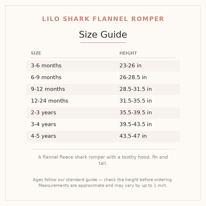 Lilo Shark Flannel Romper size guide - age and height