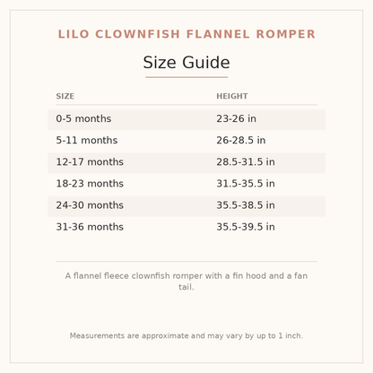 Lilo Clownfish Flannel Romper size guide - age and height