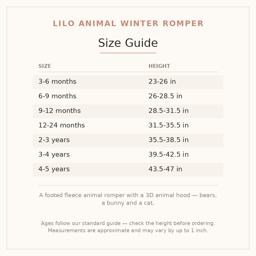 Lilo Animal Winter Romper size guide - age and height