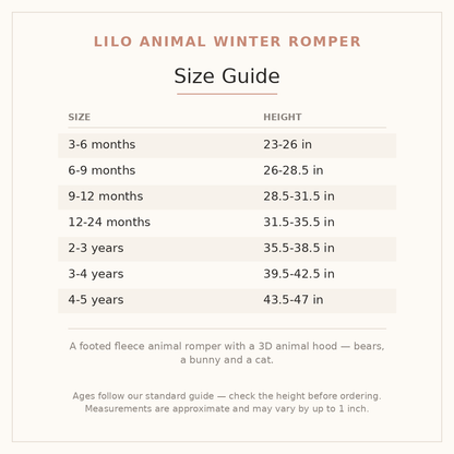 Lilo Animal Winter Romper size guide - age and height