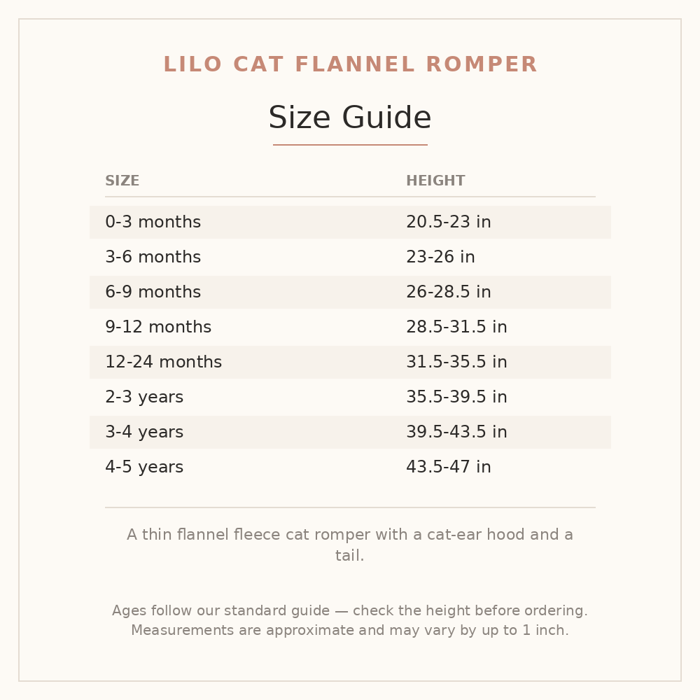 Lilo Cat Flannel Romper size guide - age and height