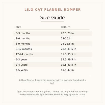 Lilo Cat Flannel Romper size guide - age and height
