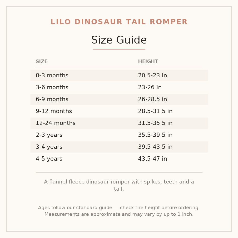 Lilo Dinosaur Tail Romper size guide - age and height