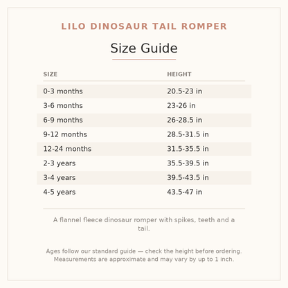 Lilo Dinosaur Tail Romper size guide - age and height