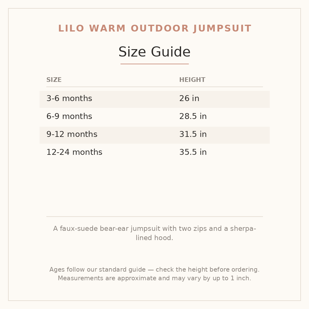Lilo Warm Outdoor Jumpsuit size guide - age and height