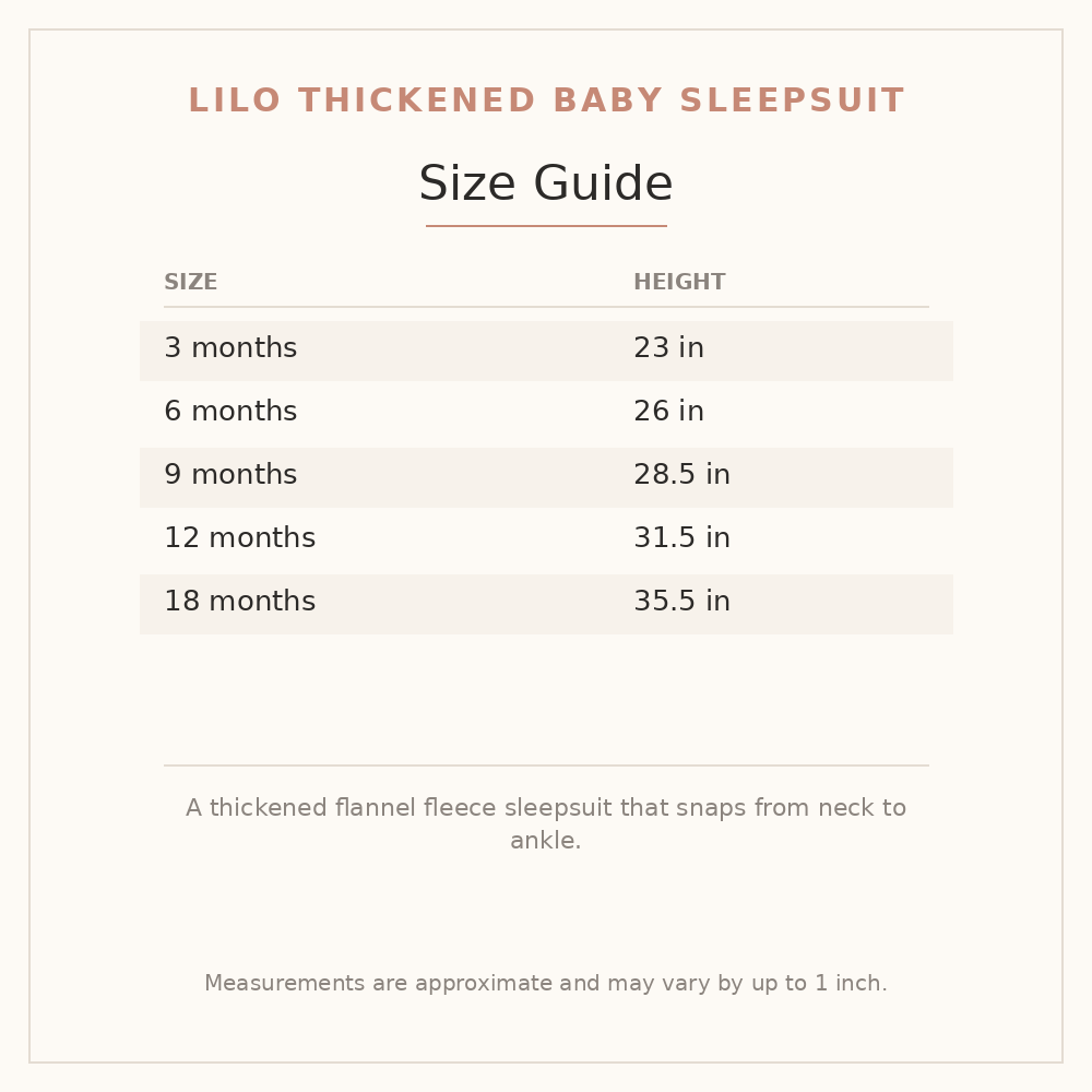Lilo Thickened Baby Sleepsuit size guide - age and height