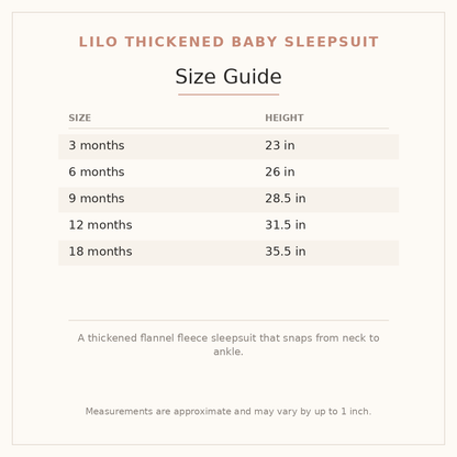 Lilo Thickened Baby Sleepsuit size guide - age and height