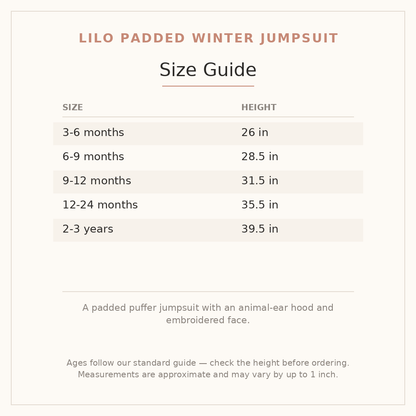 Lilo Padded Winter Jumpsuit size guide - age and height