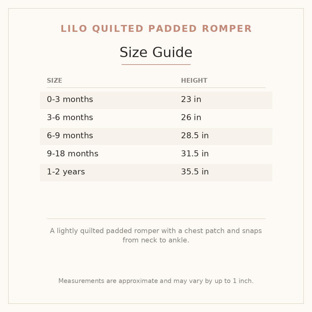 Lilo Quilted Padded Romper size guide - age and height
