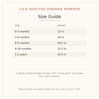 Lilo Quilted Padded Romper size guide - age and height