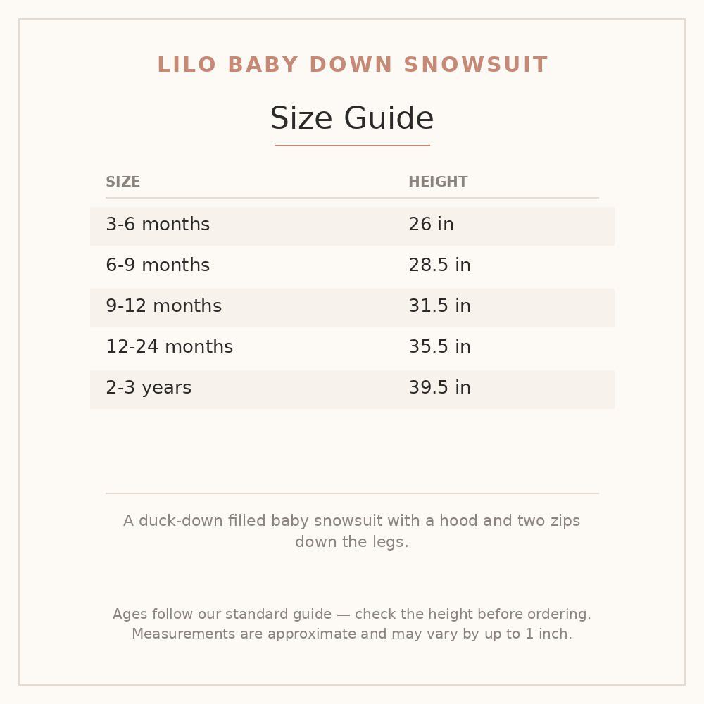 Lilo Baby Down Snowsuit size guide - age and height