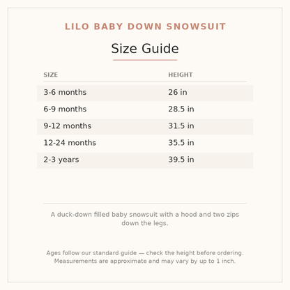 Lilo Baby Down Snowsuit size guide - age and height