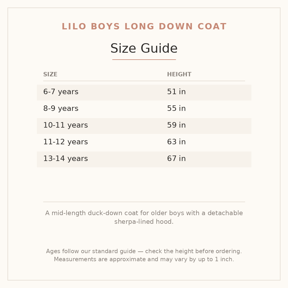 Lilo Boys Long Down Coat size guide - age and height