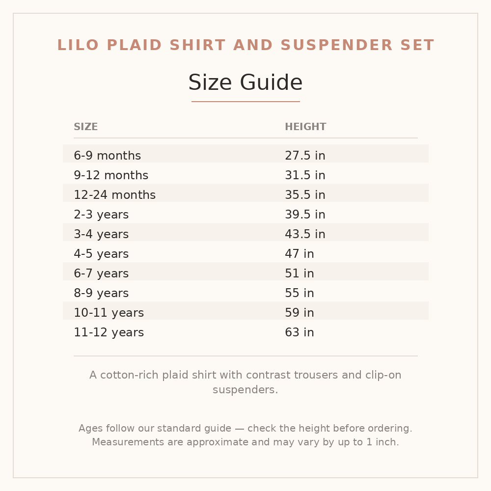 Lilo Plaid Shirt and Suspender Set size guide - age and height
