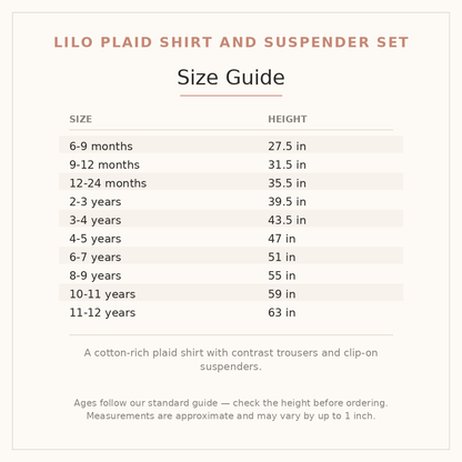 Lilo Plaid Shirt and Suspender Set size guide - age and height