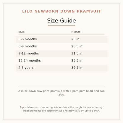 Lilo Newborn Down Pramsuit size guide - age and height