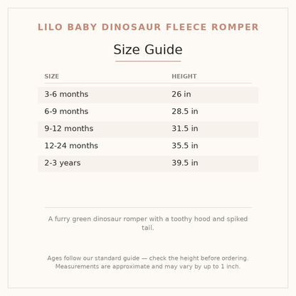 Lilo Baby Dinosaur Fleece Romper size guide - age and height