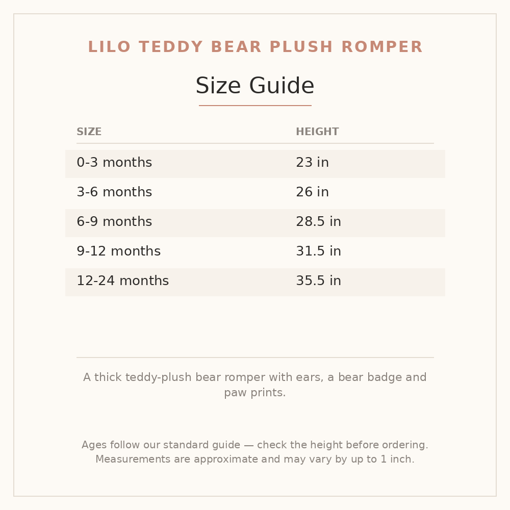 Lilo Teddy Bear Plush Romper size guide - age and height