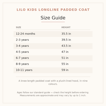 Lilo Kids Longline Padded Coat size guide - age and height