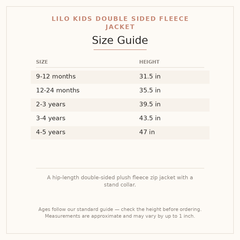 Lilo Kids Double Sided Fleece Jacket size guide - age and height