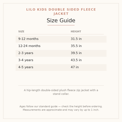 Lilo Kids Double Sided Fleece Jacket size guide - age and height