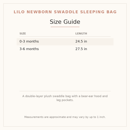 Lilo Newborn Swaddle Sleeping Bag size guide - age and height