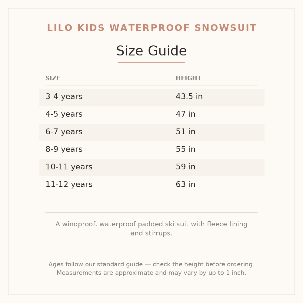Lilo Kids Waterproof Snowsuit size guide - age and height