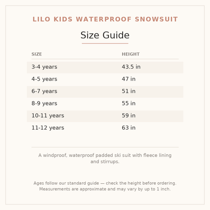 Lilo Kids Waterproof Snowsuit size guide - age and height