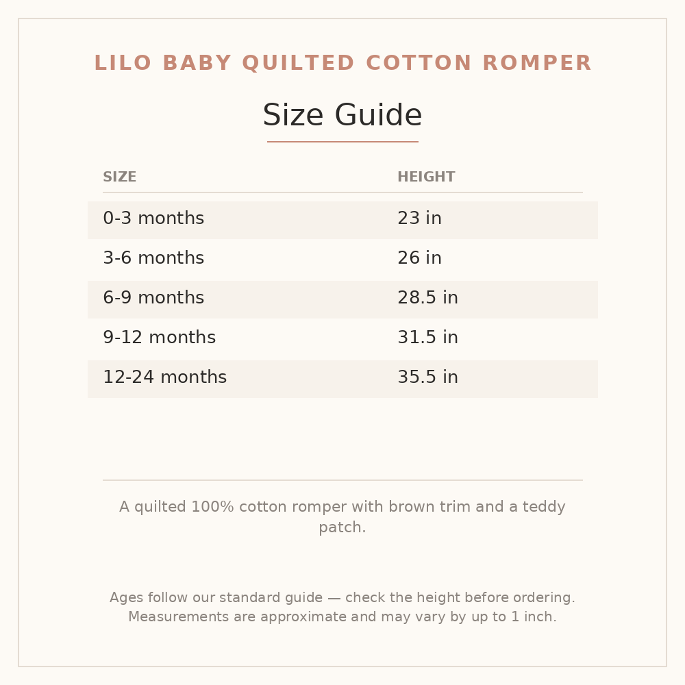 Lilo Baby Quilted Cotton Romper size guide - age and height