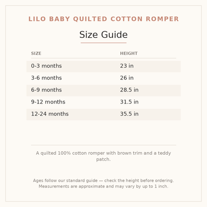 Lilo Baby Quilted Cotton Romper size guide - age and height