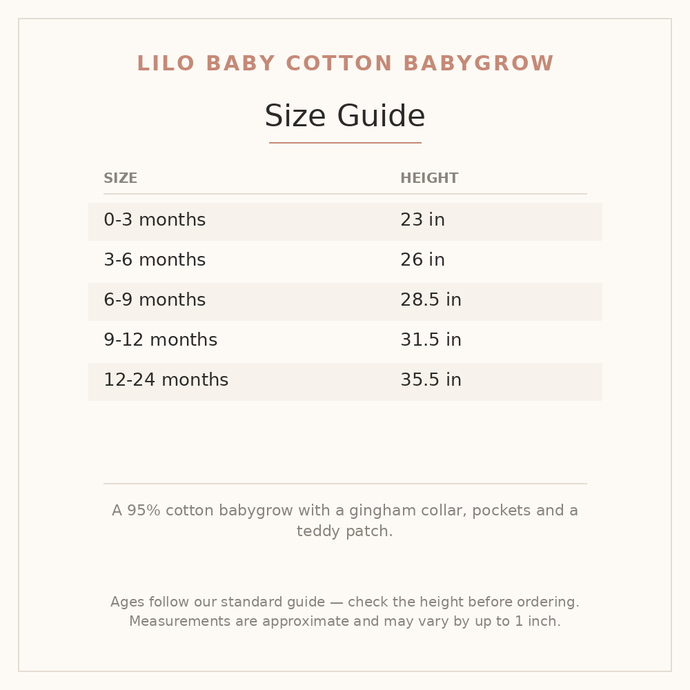 Lilo Baby Cotton Babygrow size guide - age and height