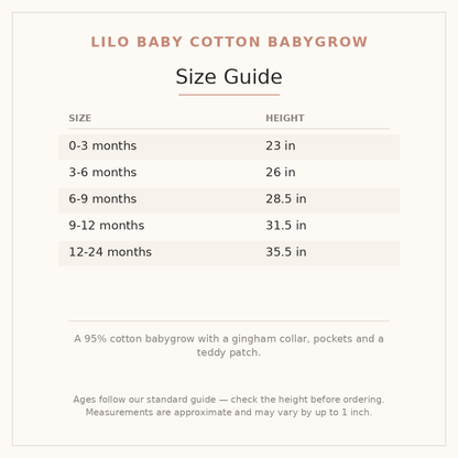 Lilo Baby Cotton Babygrow size guide - age and height