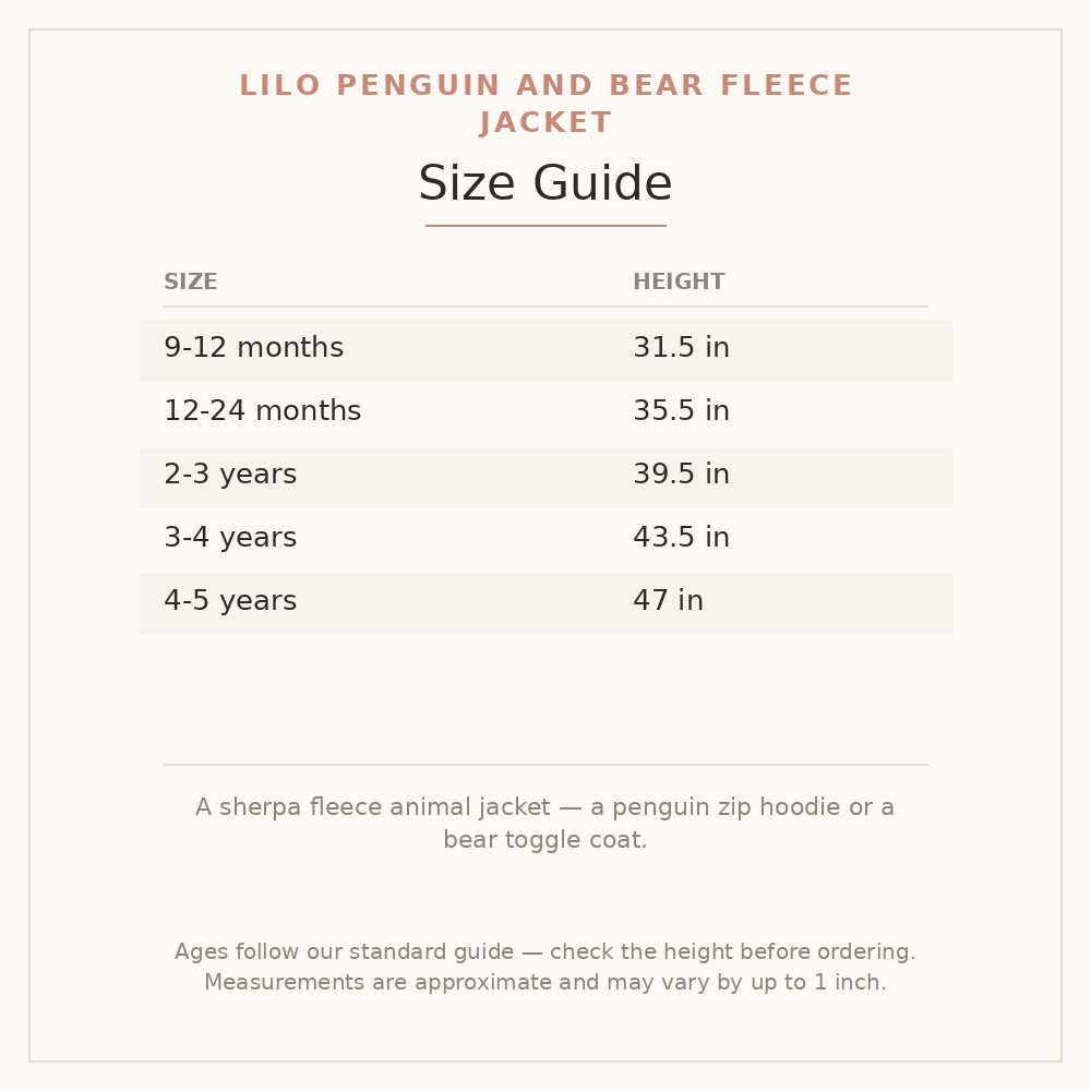 Lilo Penguin and Bear Fleece Jacket size guide - age and height