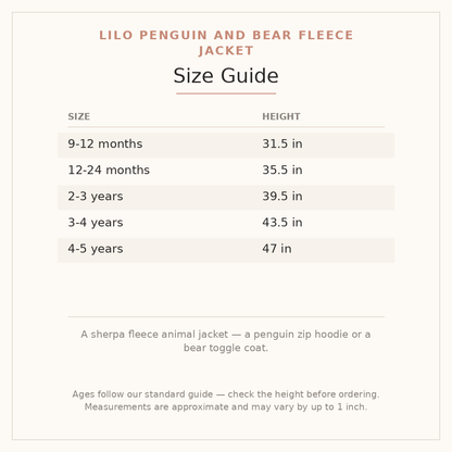 Lilo Penguin and Bear Fleece Jacket size guide - age and height