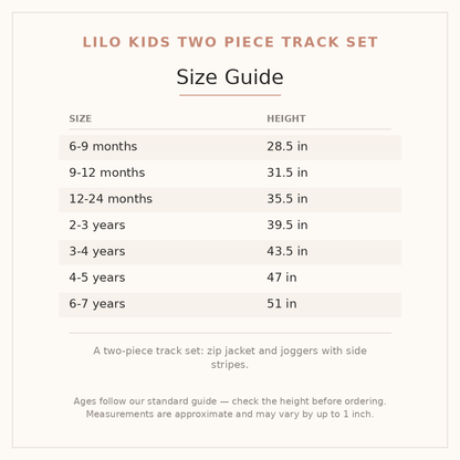 Lilo Kids Two Piece Track Set size guide - age and height