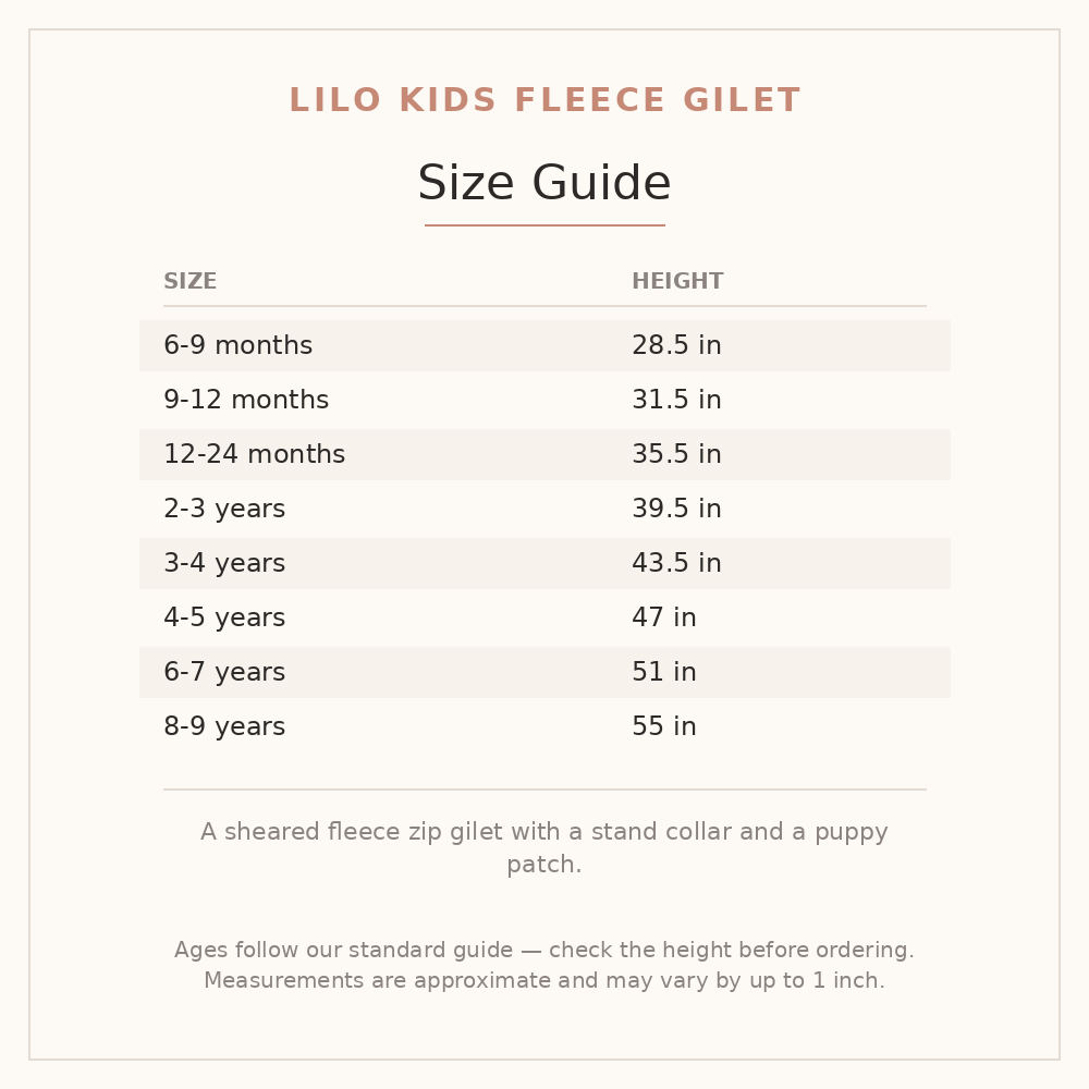 Lilo Kids Fleece Gilet size guide - age and height