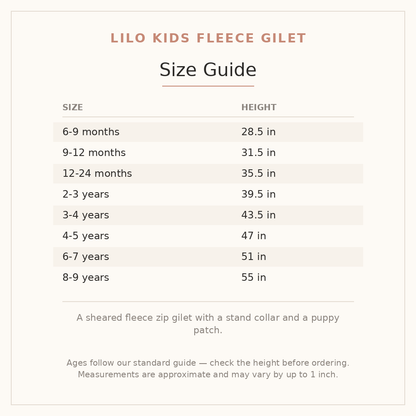Lilo Kids Fleece Gilet size guide - age and height