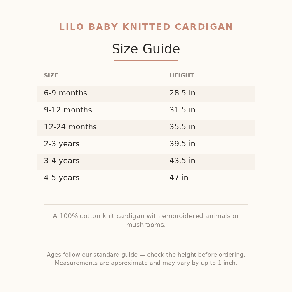 Lilo Baby Knitted Cardigan size guide - age and height