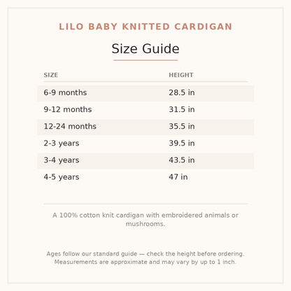 Lilo Baby Knitted Cardigan size guide - age and height